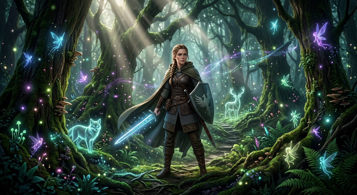Young warrior in mystical forest with ethereal creatures, glowing magic, and dramatic sunlight, creating a magical, adventurous scene.