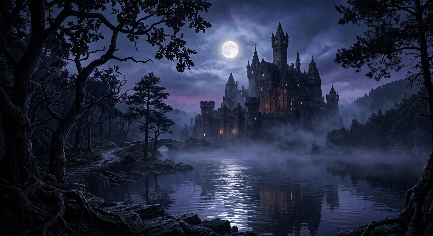 A mystical twilight landscape with a misty ancient castle, full moon reflections on a lake, and shadowy trees in blue-purple hues.